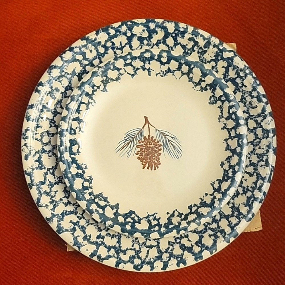 3 Folk craft pine cone plates - 2 dinner plates and 1 salad plate